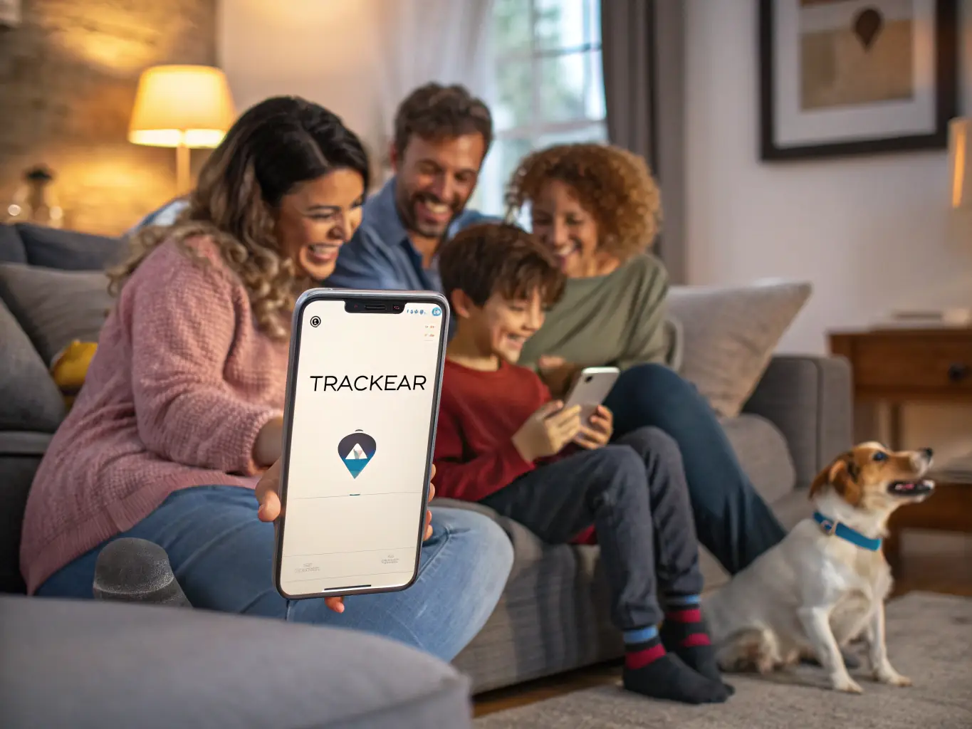 A heartwarming image of a family using Trackear's personal tracking app to monitor the location of their pet, showcasing the ease of use and peace of mind provided by the service.