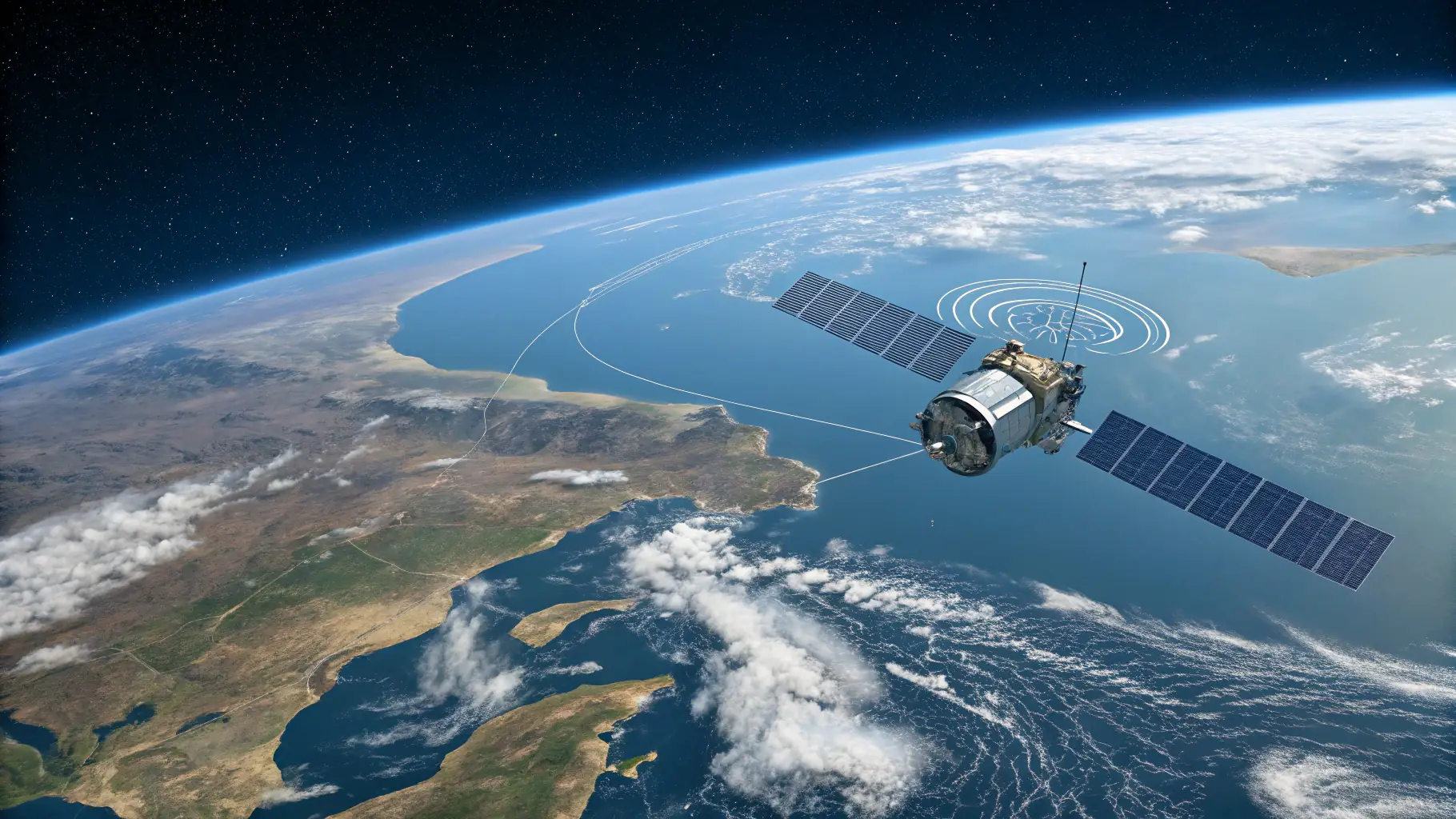 Satellite in orbit tracking a vehicle on Earth, showcasing Trackear's technology.