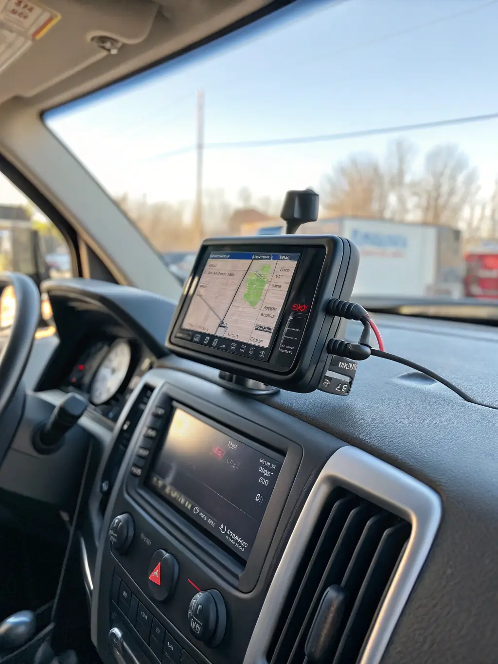 A high-resolution image of a modern truck equipped with a GPS tracking device, showcasing real-time location monitoring on a digital dashboard. The scene emphasizes the efficiency and security of vehicle tracking.
