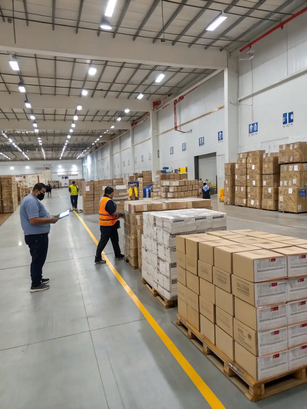 A detailed image of a package being scanned with a tracking device in a busy warehouse, highlighting the ability to monitor merchandise throughout the supply chain.