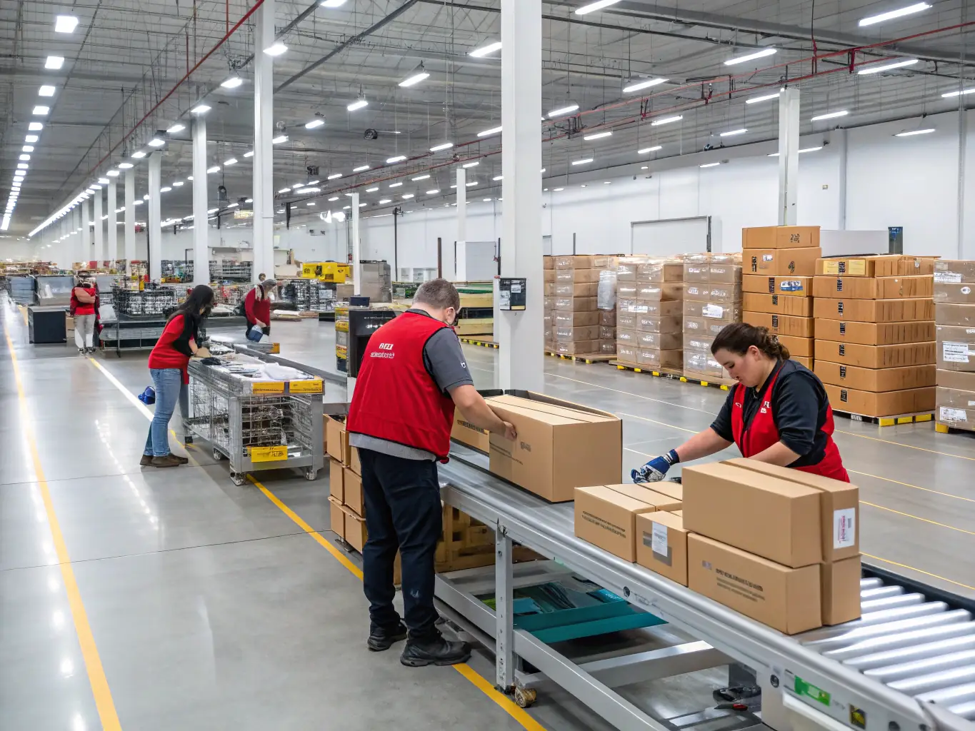 A visually appealing image of a secure warehouse environment, with packages being scanned and tracked using Trackear's merchandise monitoring system. The image should highlight the security and efficiency of the tracking process.