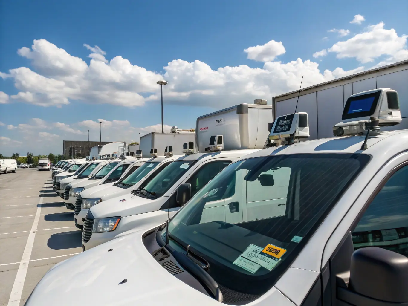 A high-resolution image showcasing a fleet of vehicles equipped with Trackear's GPS tracking devices, emphasizing real-time location monitoring on a digital dashboard. The scene should convey efficiency and control.