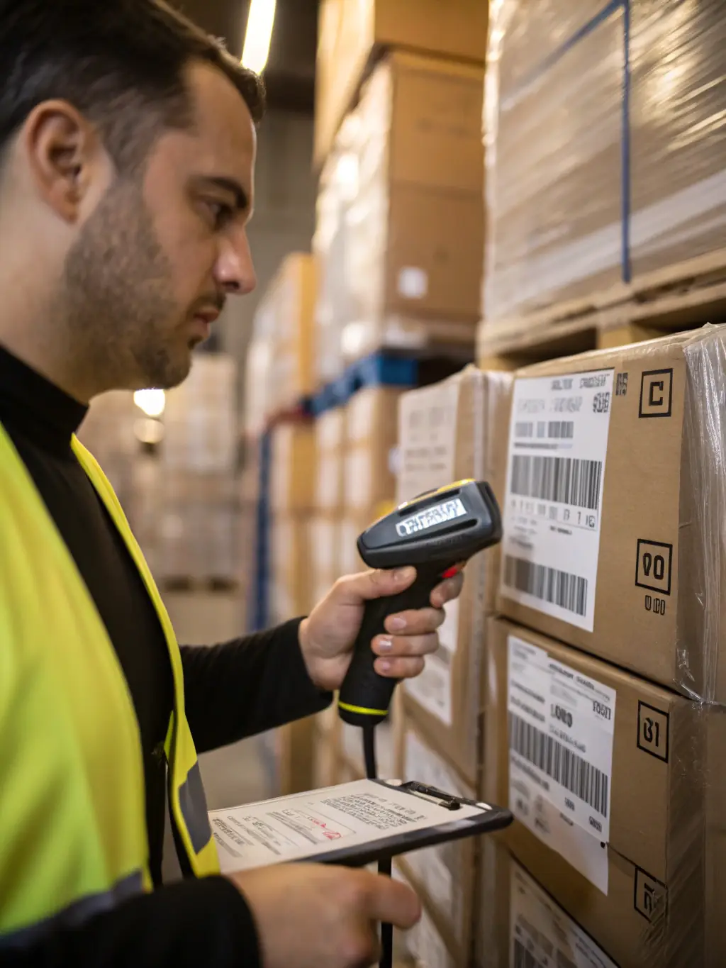 A close-up shot of a package being scanned at a distribution center, highlighting the precision and security of merchandise monitoring.