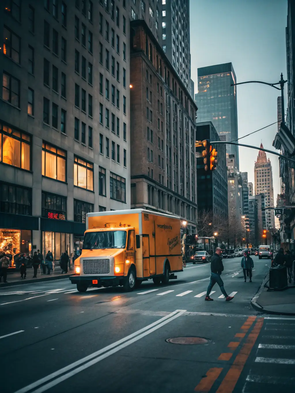 A high-angle shot of a fleet of delivery trucks moving through a city, emphasizing the efficiency and scale of vehicle tracking.